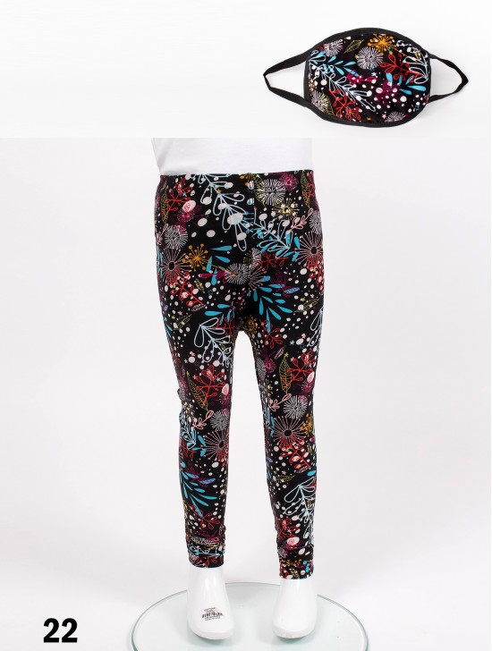 Kids Floral Stretchy Legging & Reversible Fabric Face Mask Matching Set (LG103-22 & PM101341)